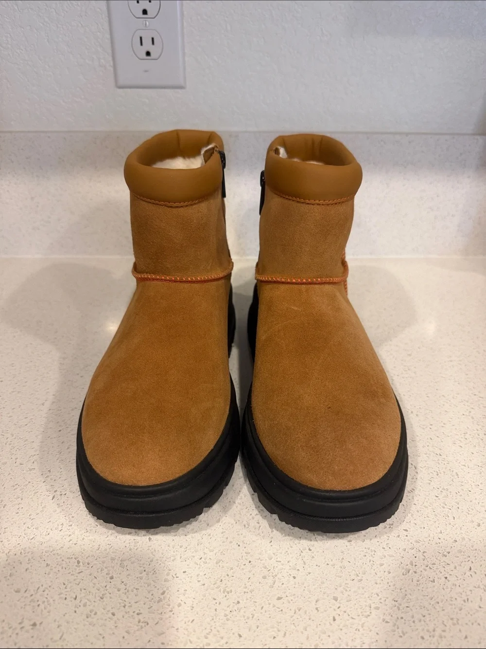 Koolaburra Chestnut Suede Ankle Winter Boots with Black Sole